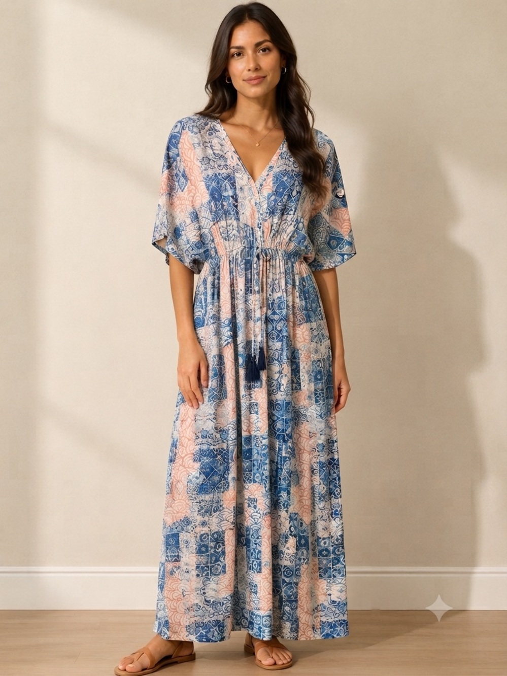 Cost Plus World Market Blue and Peach Patchwork Maxi Dress
